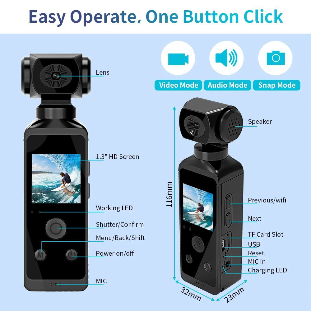 Ultra HD Pocket Action Camera - 270° Rotatable Vlog Wifi Mini Sports Cam Waterproof Case Helmet Travel Bicycle Driver Recorder